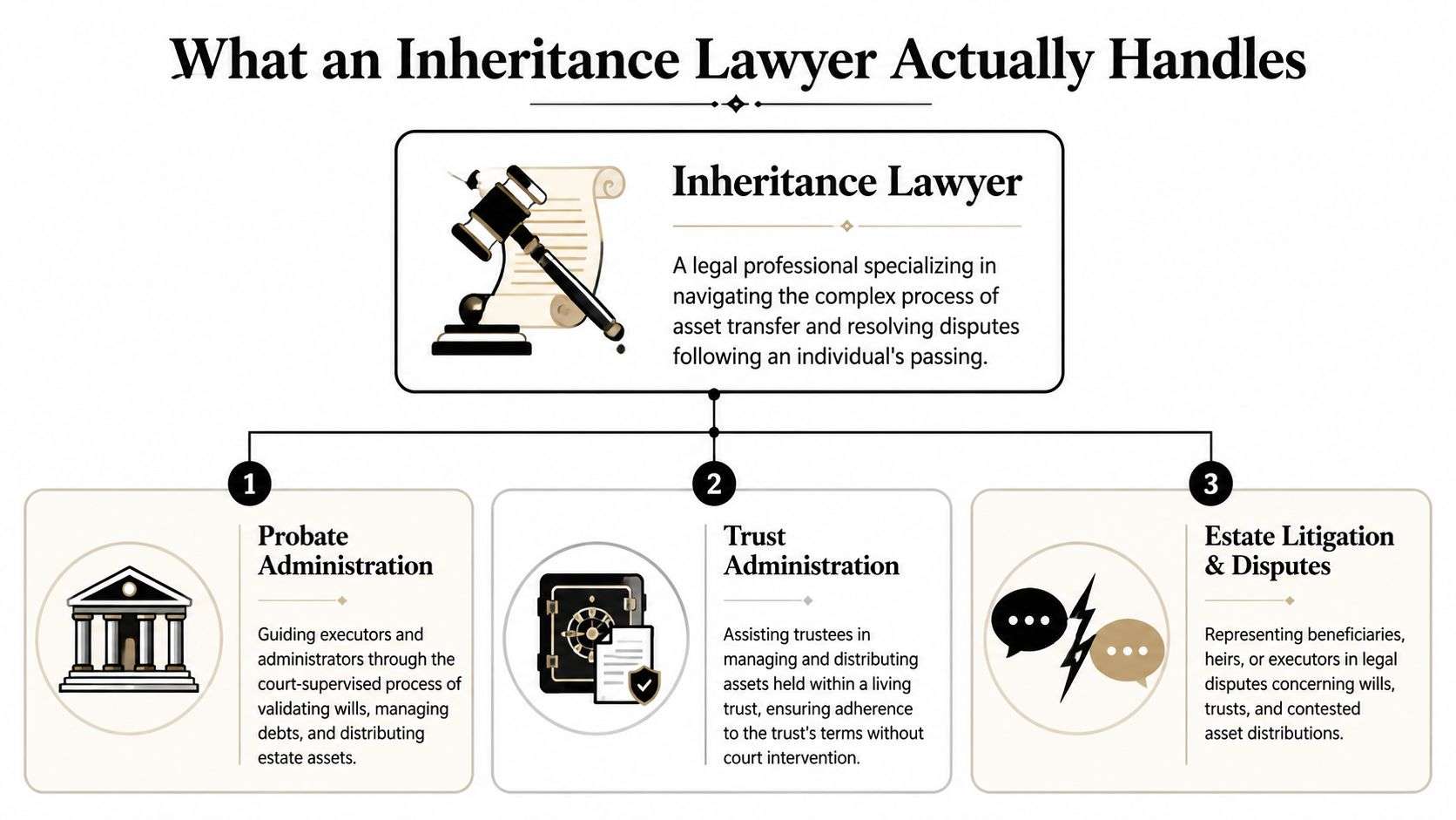 A diagram outlining the three primary responsibilities of an inheritance lawyer: probate, trust administration, and estate litigation.