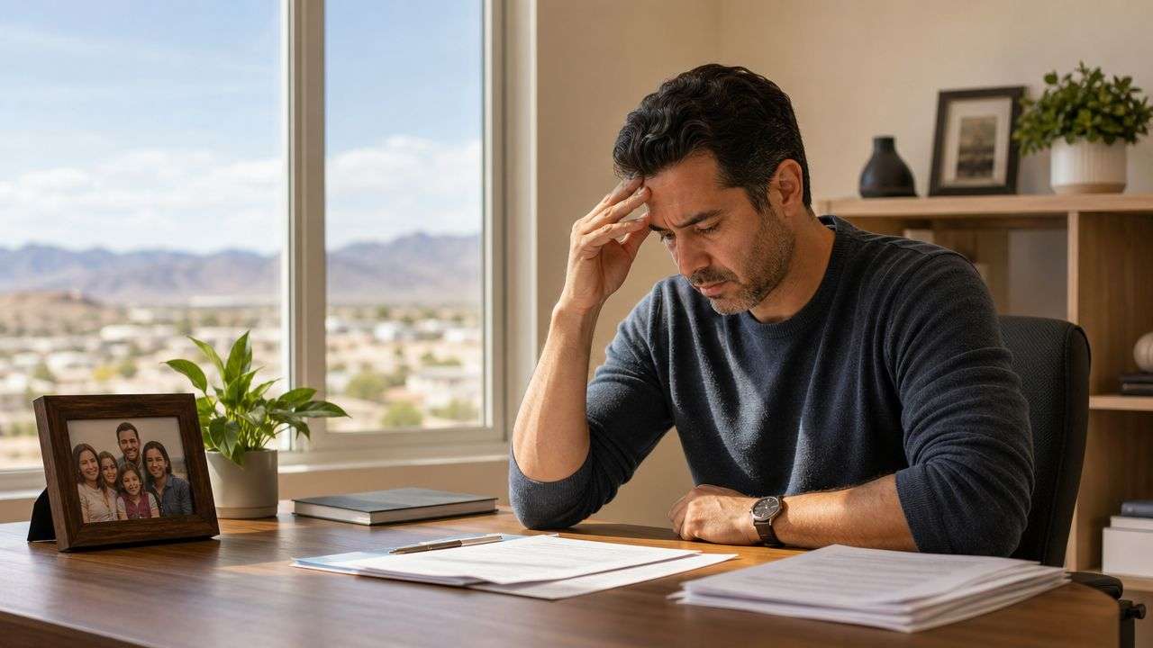 A concerned man sitting at his desk looking at legal documents in a sunlit office.