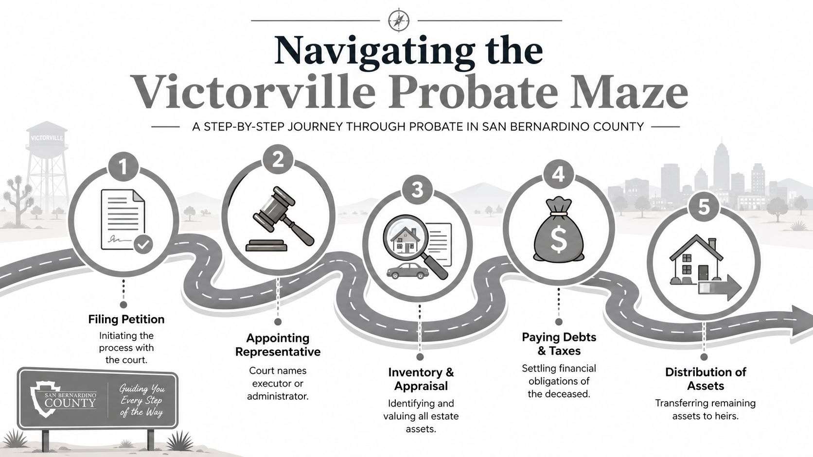 A step-by-step infographic illustrating the five stages of the probate process in San Bernardino County, California.