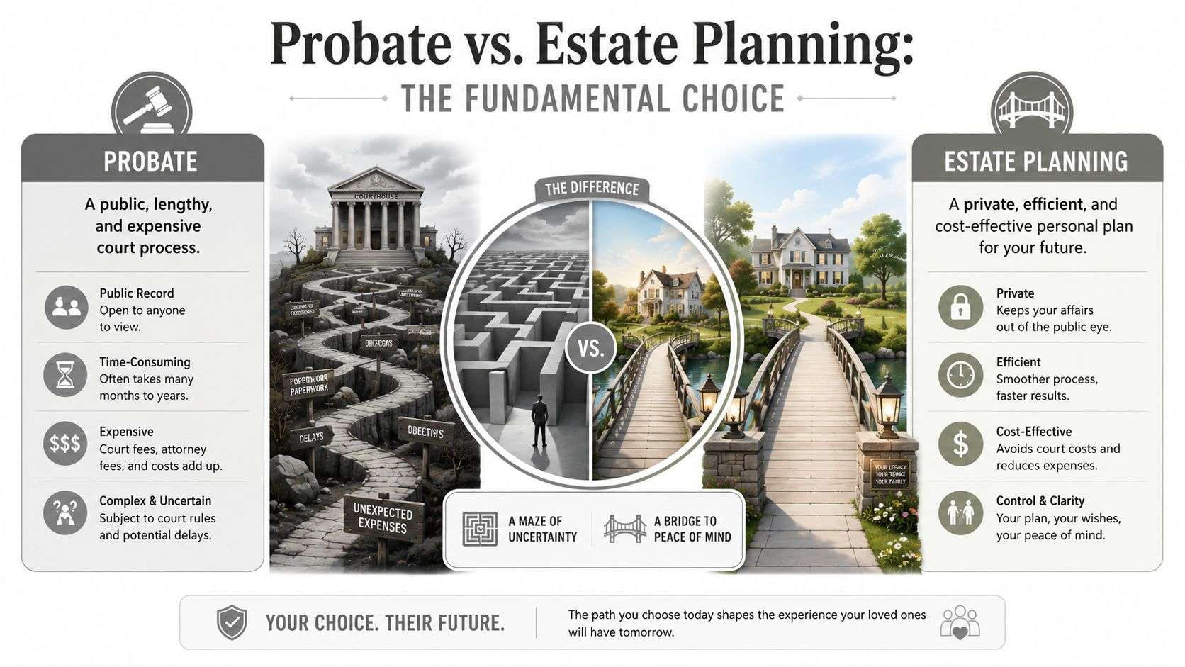 An infographic contrasting the costly, public probate process with the efficient, private process of estate planning.