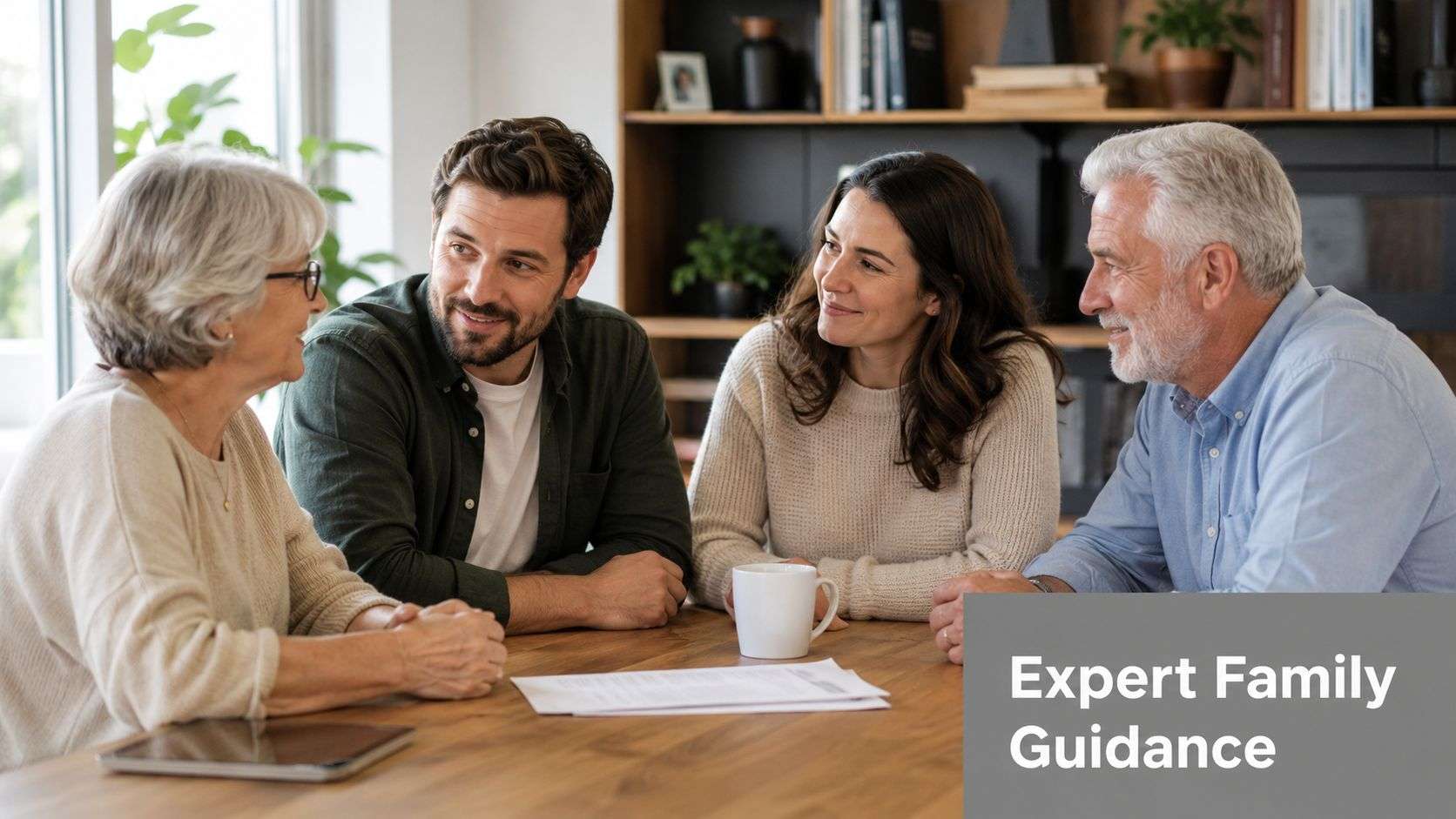 A family sits together at a table, discussing documents with an expert advisor during a consultation.