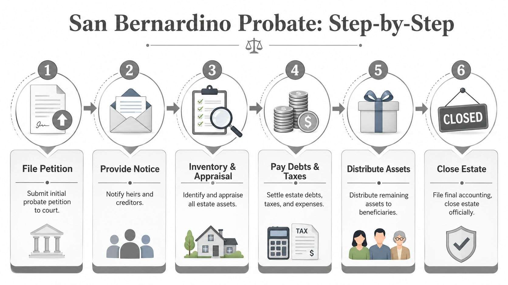 A step-by-step infographic illustrating the six-stage process of the probate procedure in San Bernardino County.