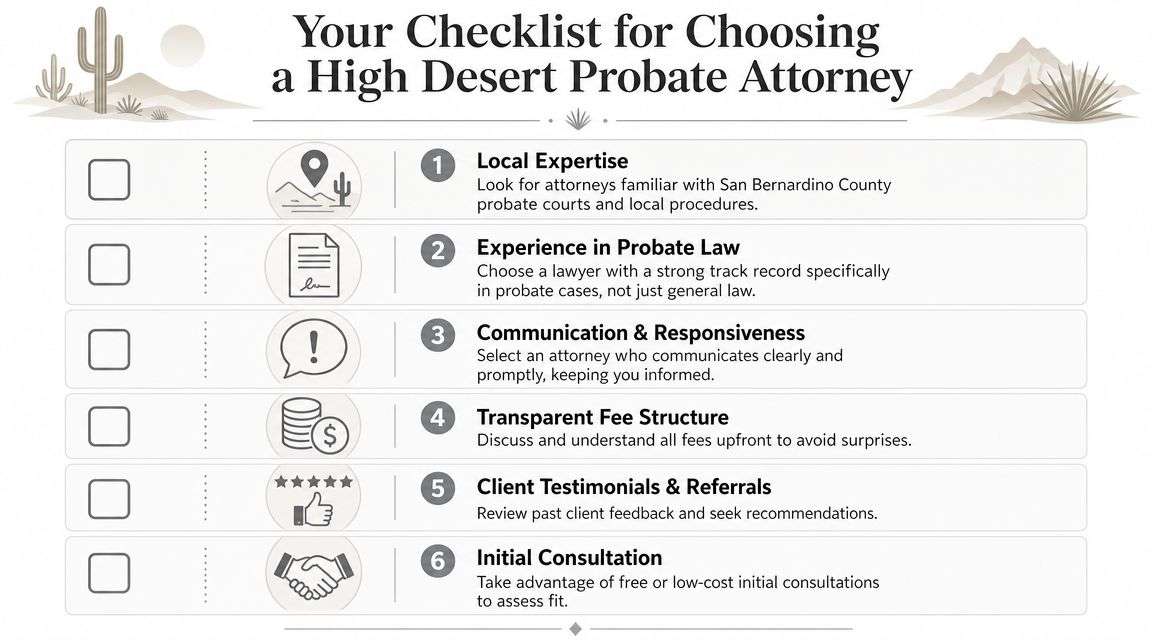 A checklist for choosing a High Desert probate attorney, featuring six essential steps for selecting legal representation.