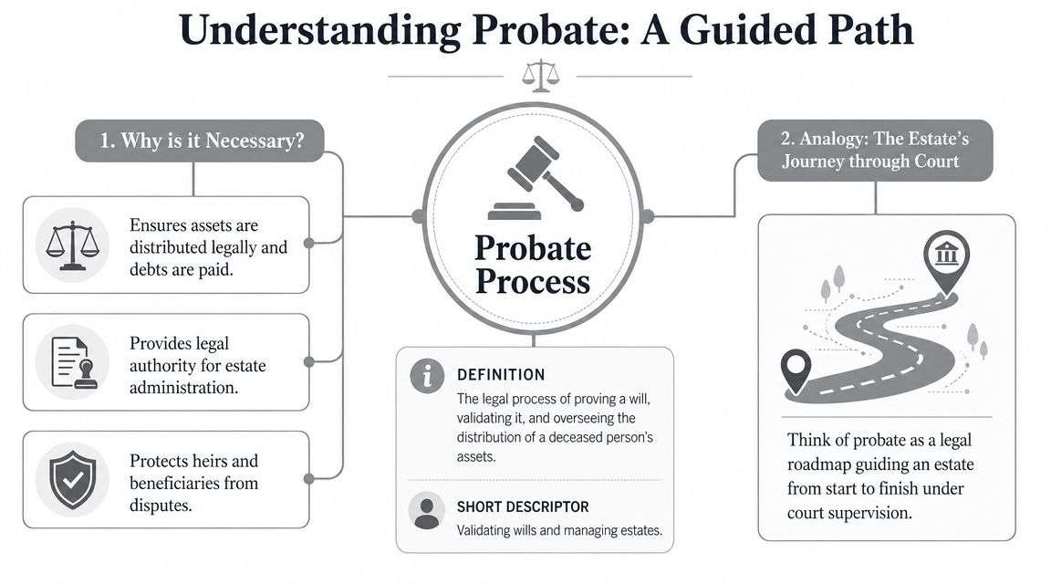 An infographic titled Understanding Probate: A Guided Path explaining the purpose, definition, and process of probate.