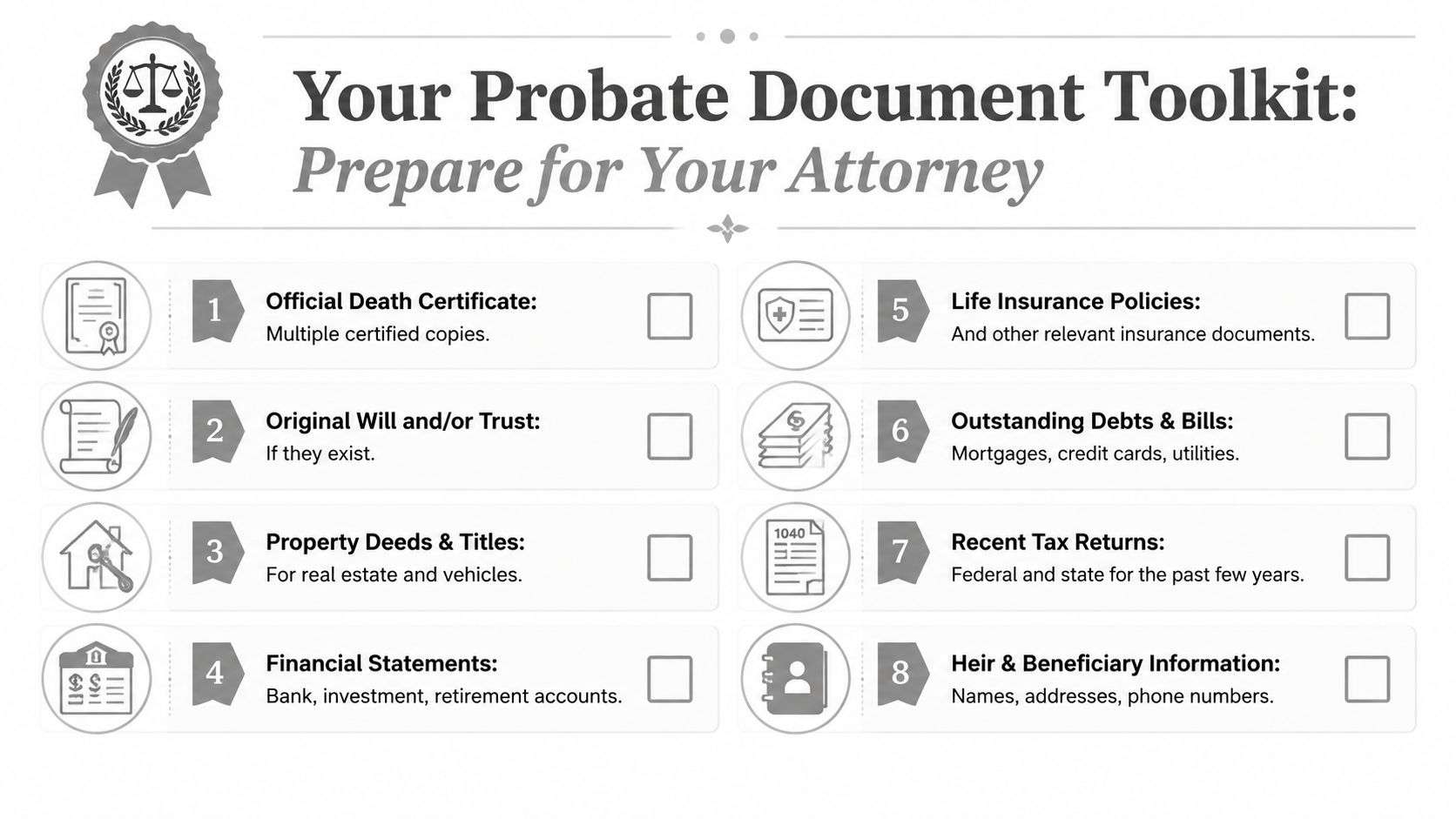 A checklist for organizing important legal and financial documents to prepare for a probate attorney meeting.