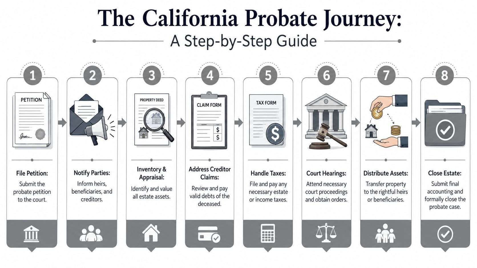 An eight-step infographic illustrating the sequential process of the California probate journey from petition to closing.