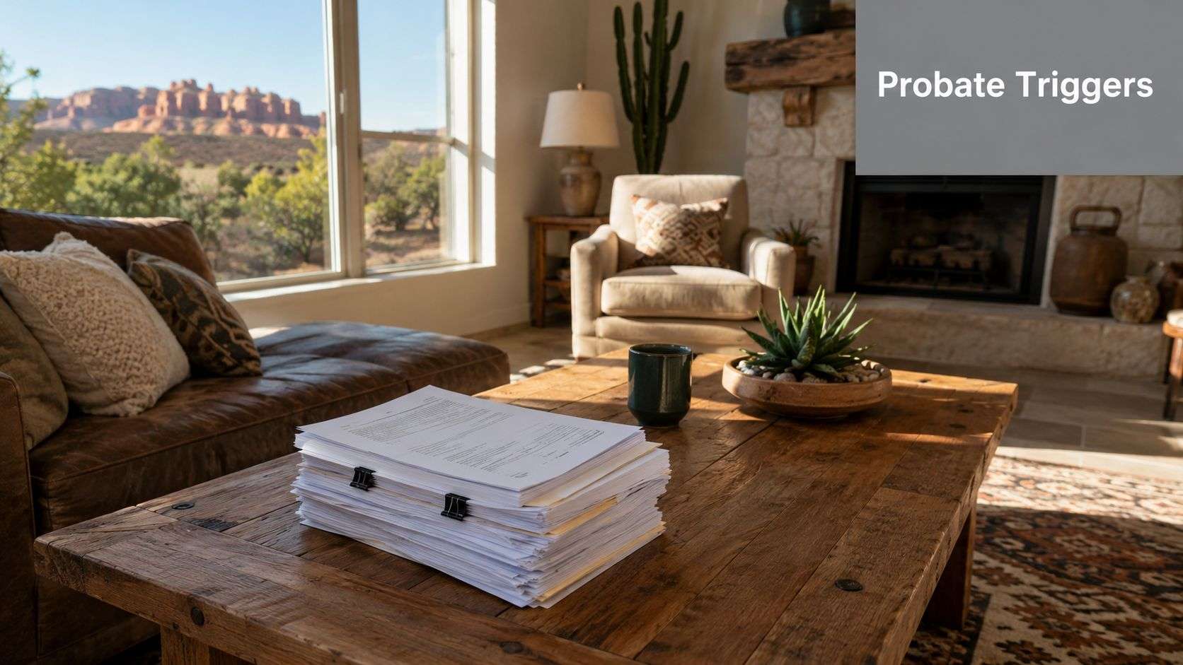 A stack of legal documents sits on a rustic wooden coffee table in a sunlit living room.