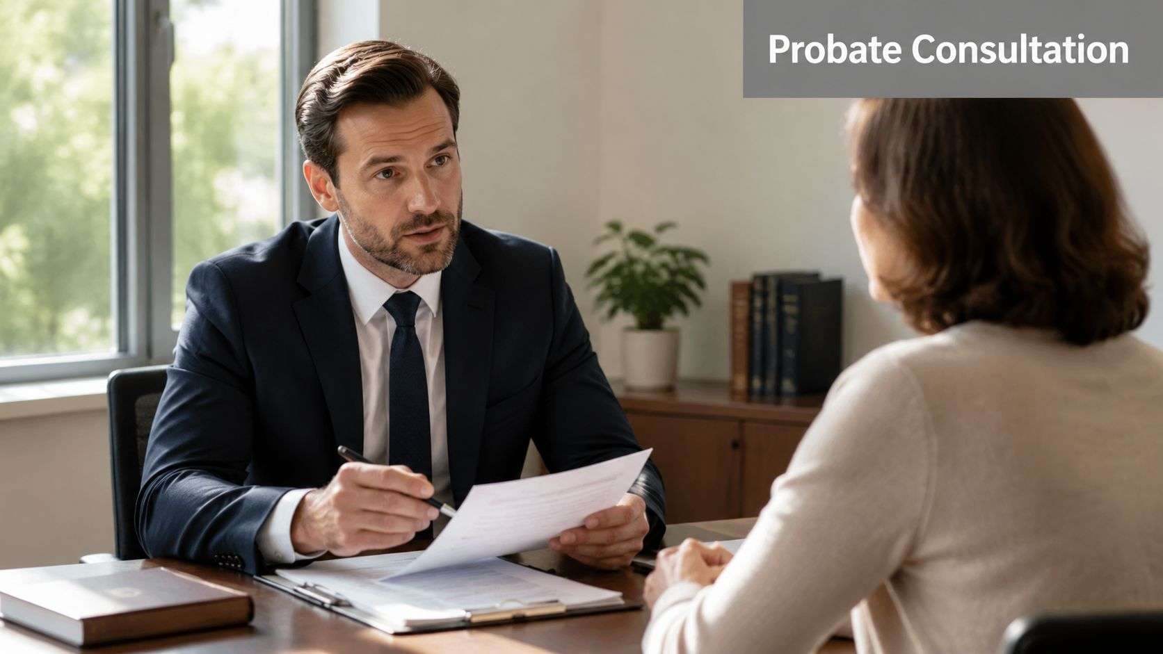 A professional attorney discussing legal documents during a probate consultation with a client in an office.
