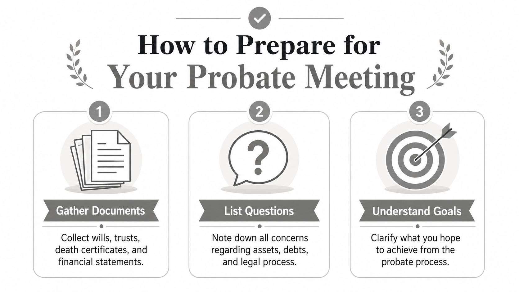 An infographic showing three steps to prepare for a probate meeting including documents, questions, and goals.