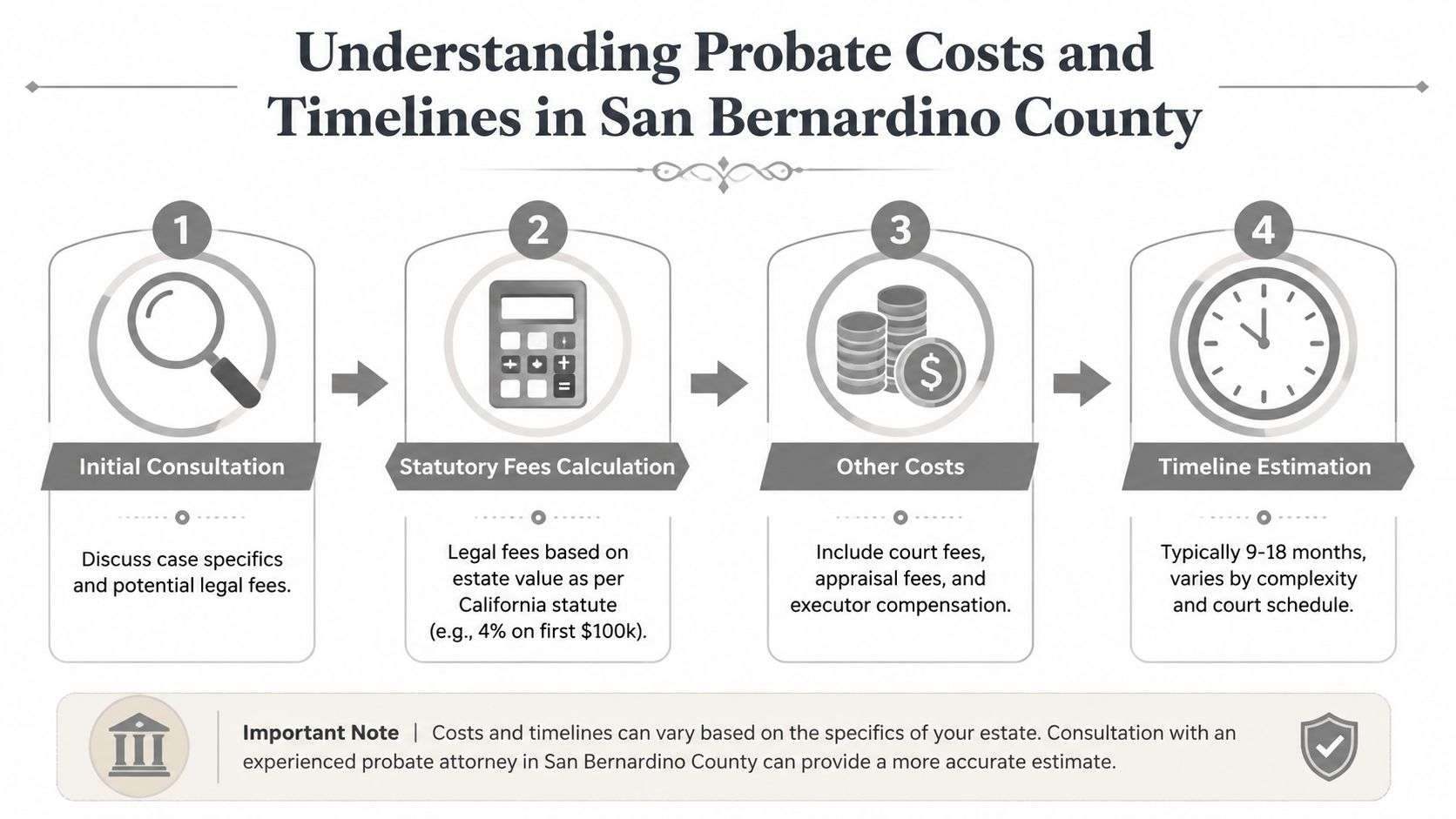 An infographic showing the four steps of probate costs and timelines in San Bernardino County, California.