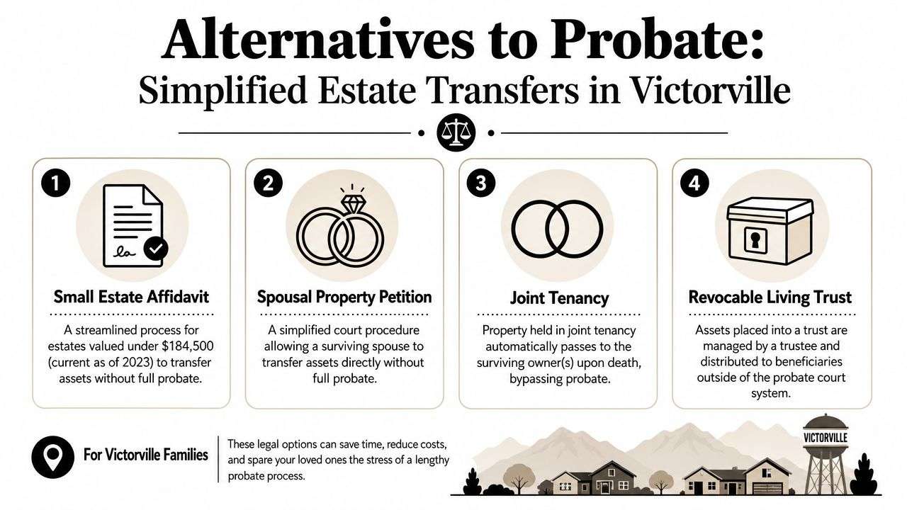 probate help in victorville ca estate transfers Probate Help in Victorville CA: A Step-by-Step Guide That's where probate help in Victorville CA needs to be practical, not abstract. Families in this situation don't need another generic definition of probate. They need to know what to do first, how the San Bernardino County process works, and what happens if the estate includes a house that can't be transferred or sold without clearing title first. An infographic outlining four legal alternatives to probate for estate transfers in Victorville, California.