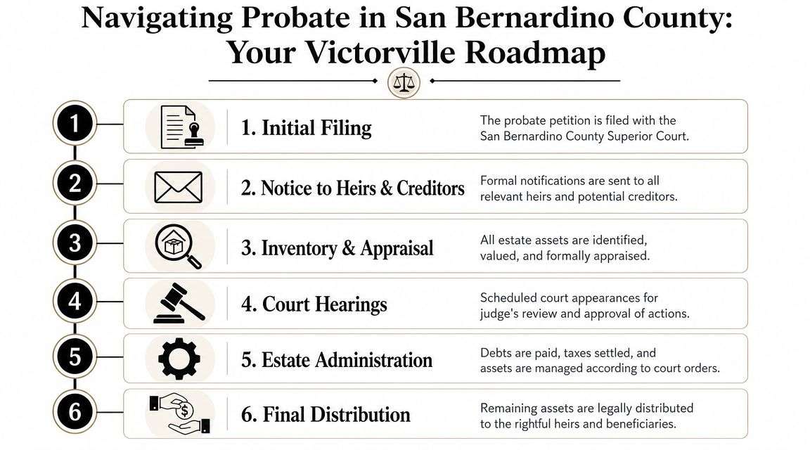 probate help in victorville ca probate roadmap Probate Help in Victorville CA: A Step-by-Step Guide That's where probate help in Victorville CA needs to be practical, not abstract. Families in this situation don't need another generic definition of probate. They need to know what to do first, how the San Bernardino County process works, and what happens if the estate includes a house that can't be transferred or sold without clearing title first. A six-step roadmap graphic detailing the legal probate process in San Bernardino County, California.