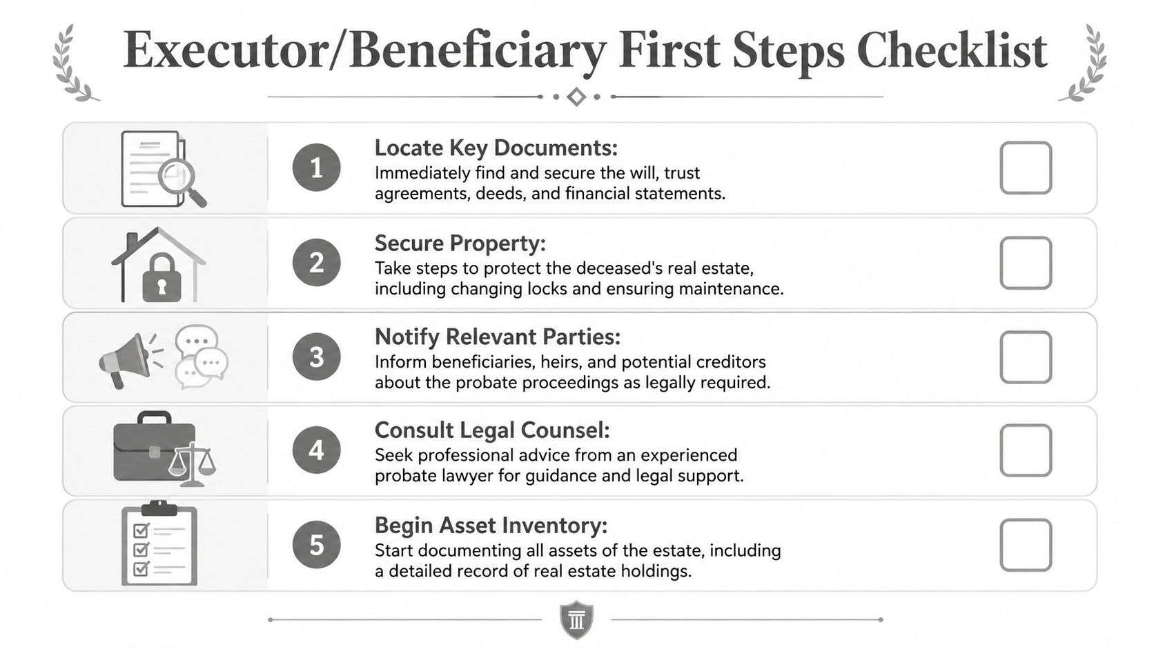 A checklist for executors and beneficiaries outlining five essential steps to manage a deceased person's estate.
