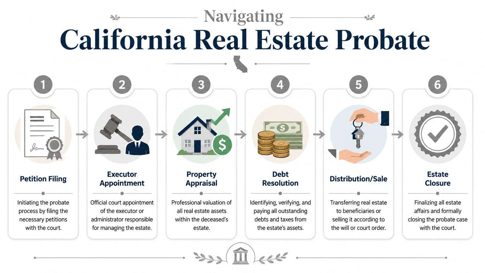 A six-step infographic flowchart illustrating the legal process of navigating California real estate probate.