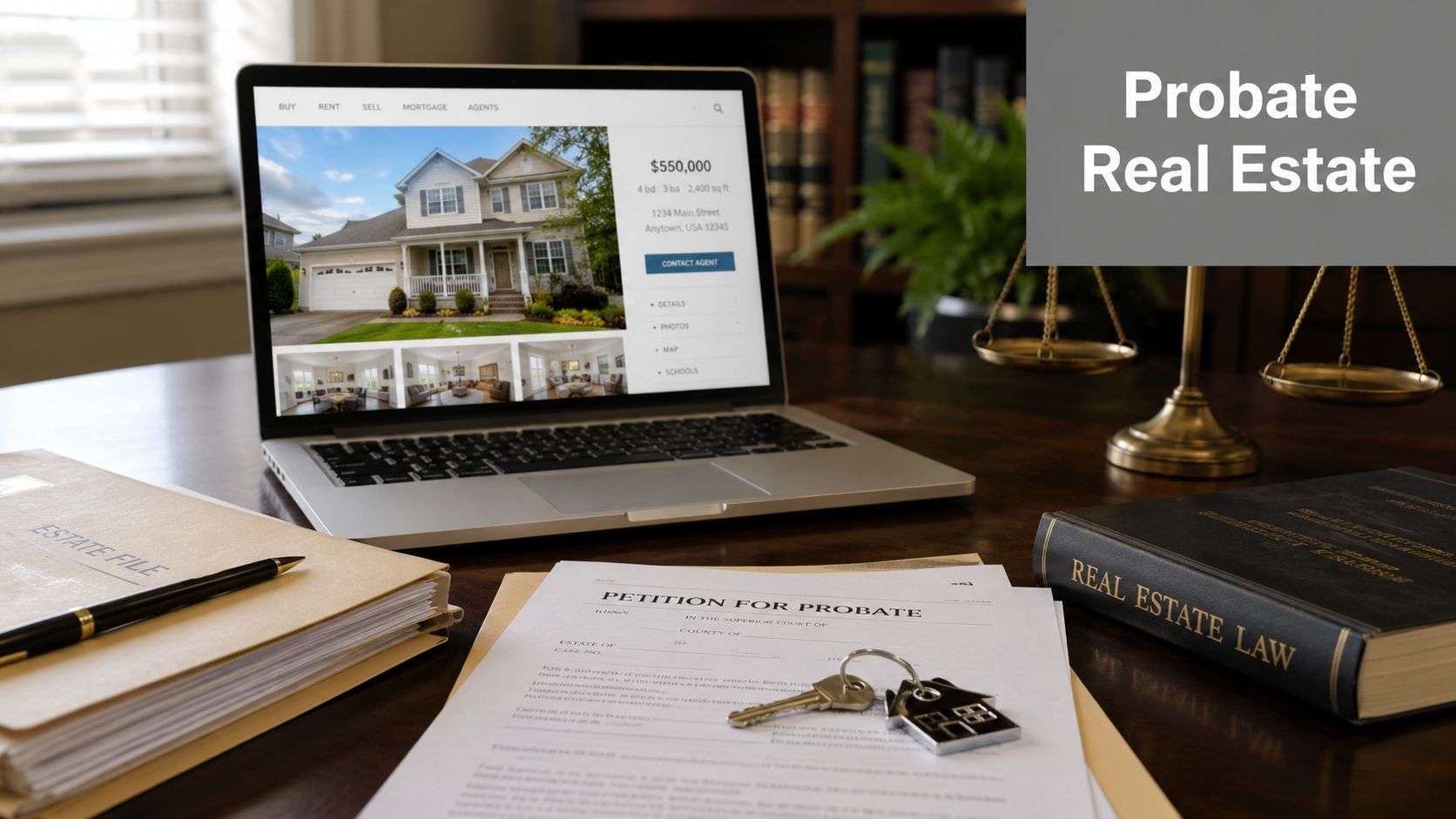 A laptop showing a real estate website, probate court documents, and a law book on a desk.