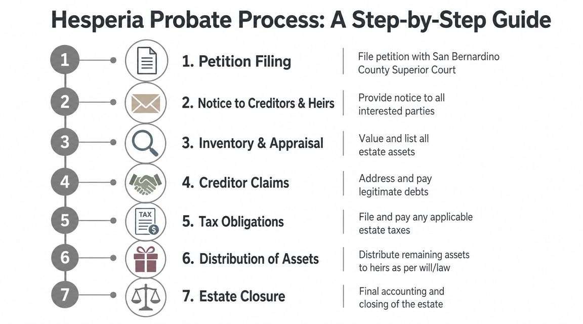 A seven-step flowchart illustrating the Hesperia probate process from initial petition filing to final estate closure.