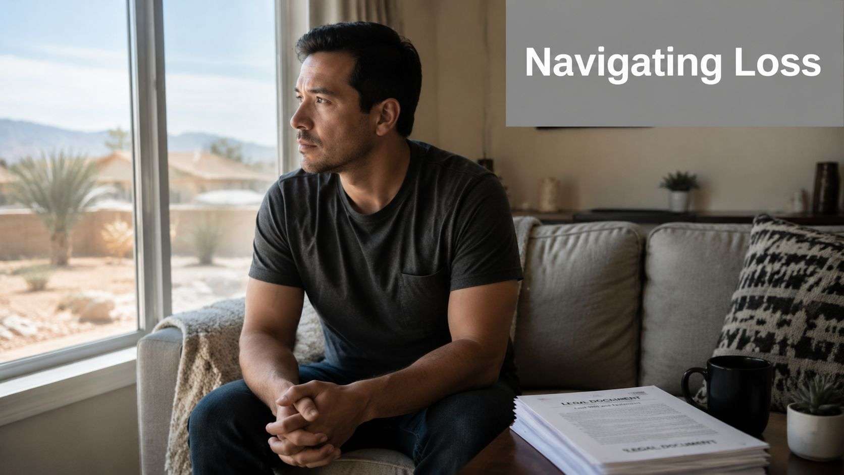 A contemplative man sitting on a sofa looking out the window with legal documents on the table.