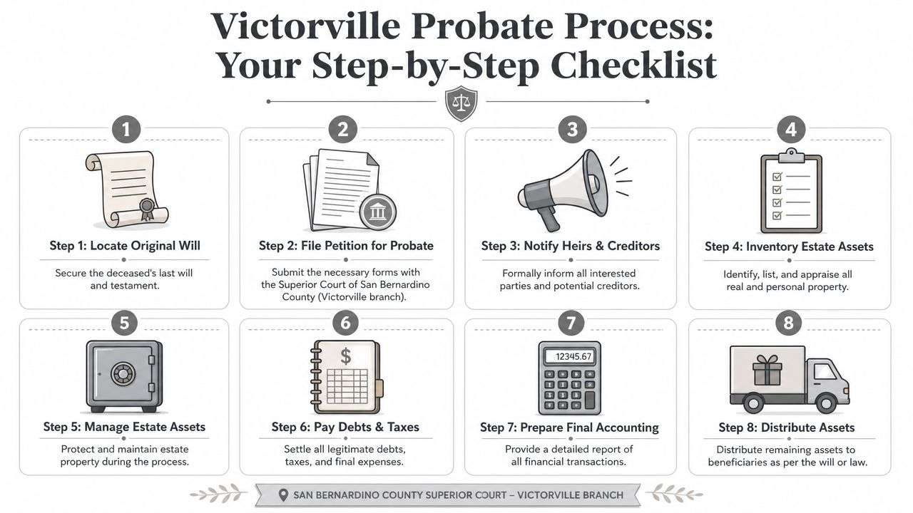 An eight-step checklist infographic outlining the legal probate process at the Victorville Superior Court in California.