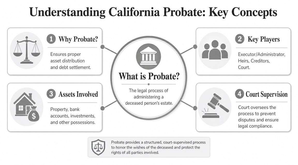 A diagram explaining California probate as a court-supervised legal process for managing a deceased person's estate.