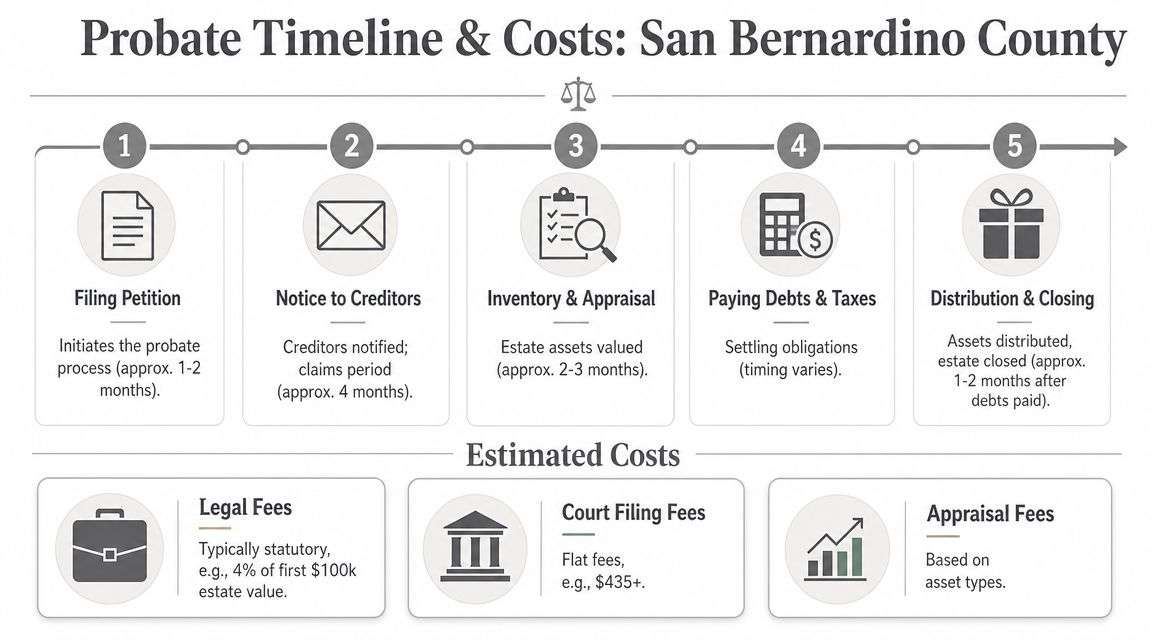 A detailed infographic showing the five-step probate timeline and estimated costs in San Bernardino County, California.