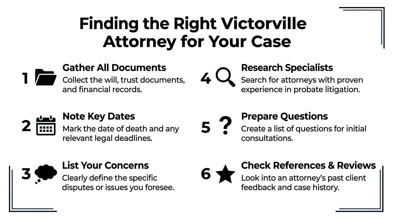 A six-step guide infographic for finding the right probate litigation attorney in Victorville, California.