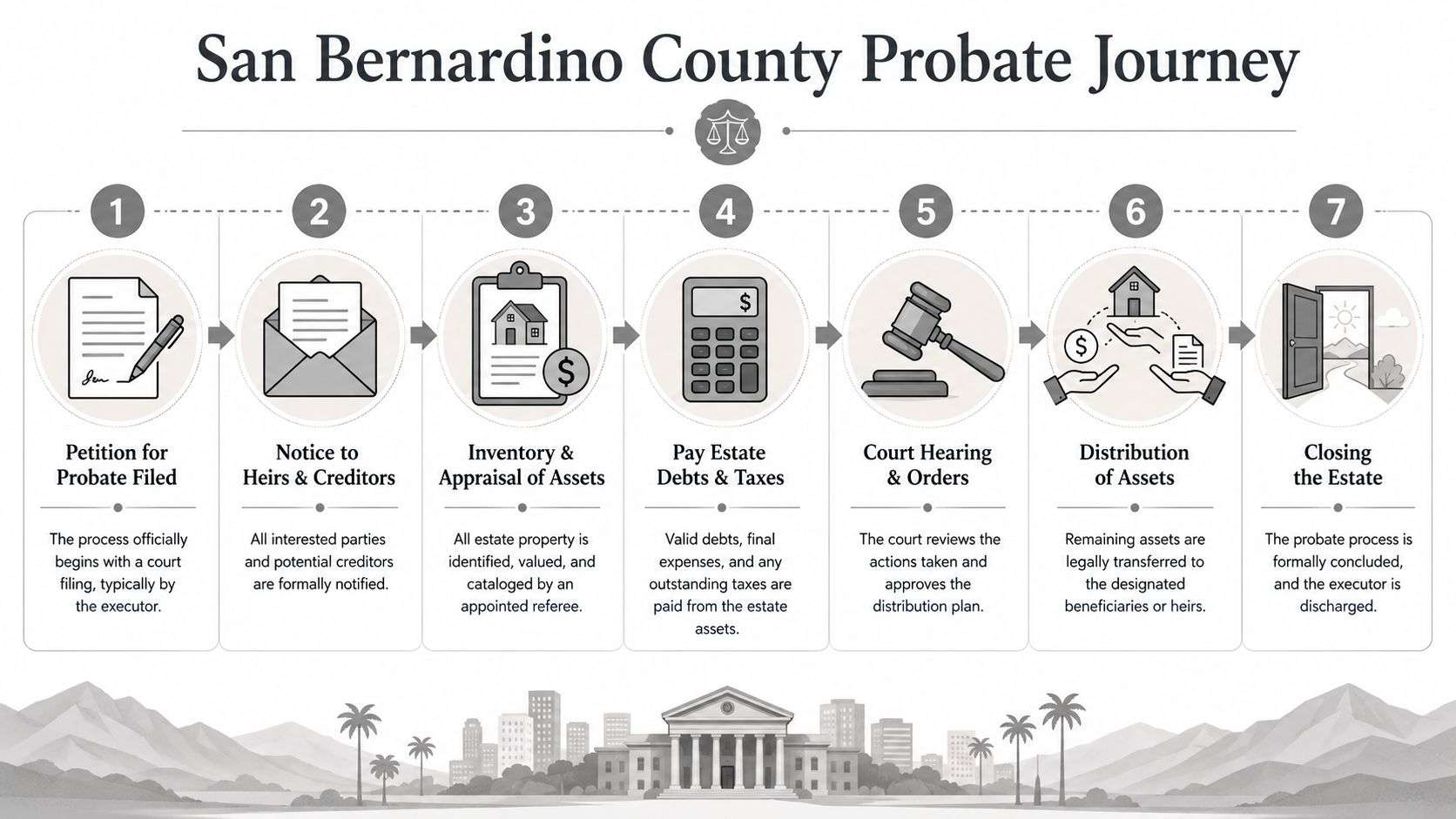 A diagram illustrating the seven-step probate journey process for estates in San Bernardino County, California.