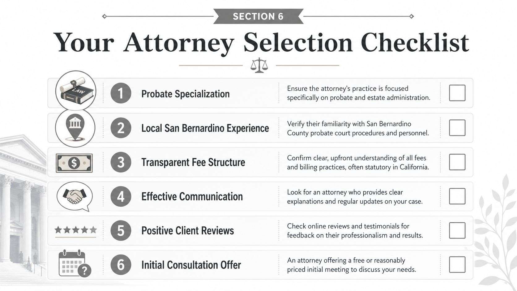 A checklist titled Your Attorney Selection Checklist for choosing a probate attorney in San Bernardino County.