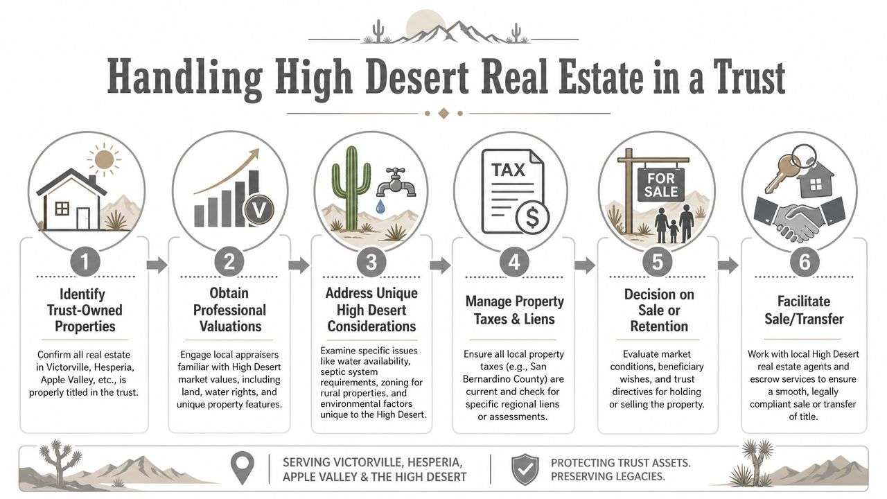 A six-step infographic detailing the process for managing High Desert real estate held in a trust.