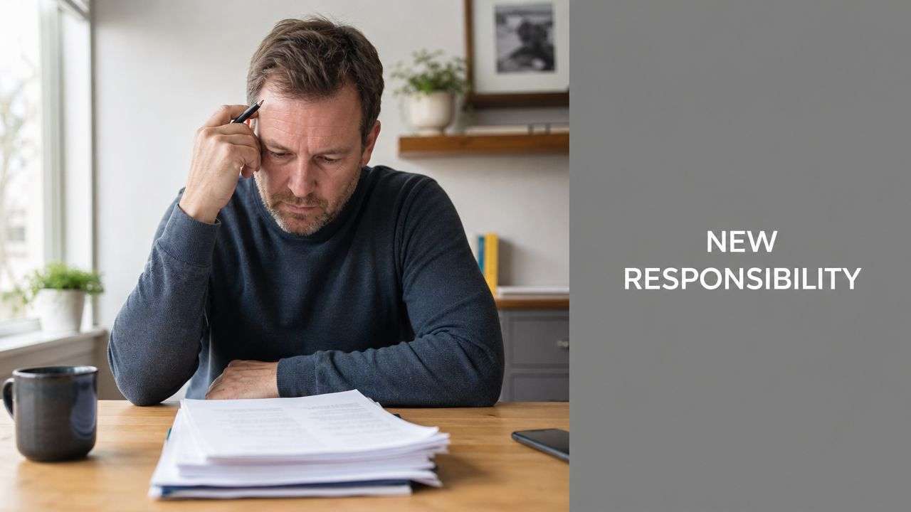 A focused man sitting at a desk reading important documents in his office at home.