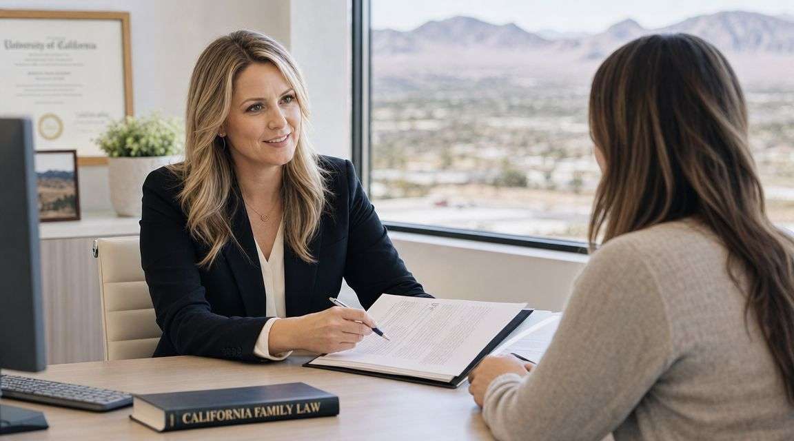 A professional attorney discussing legal documents with a client in a modern office with mountain views.