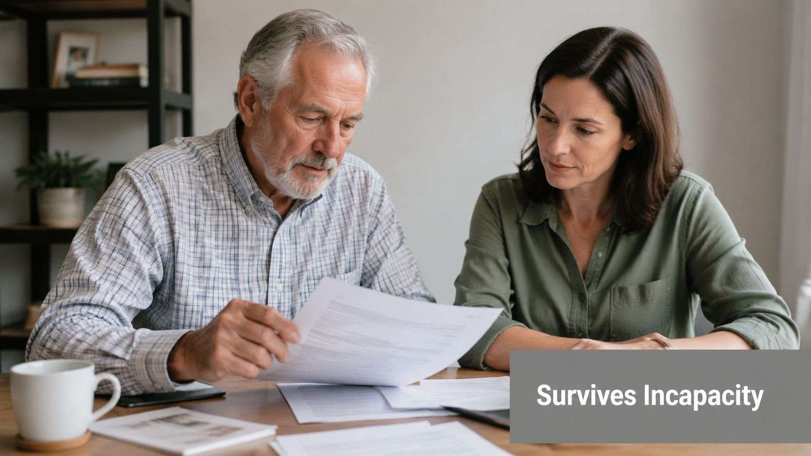 An older man and a woman sitting together at a table while reviewing important legal documents.