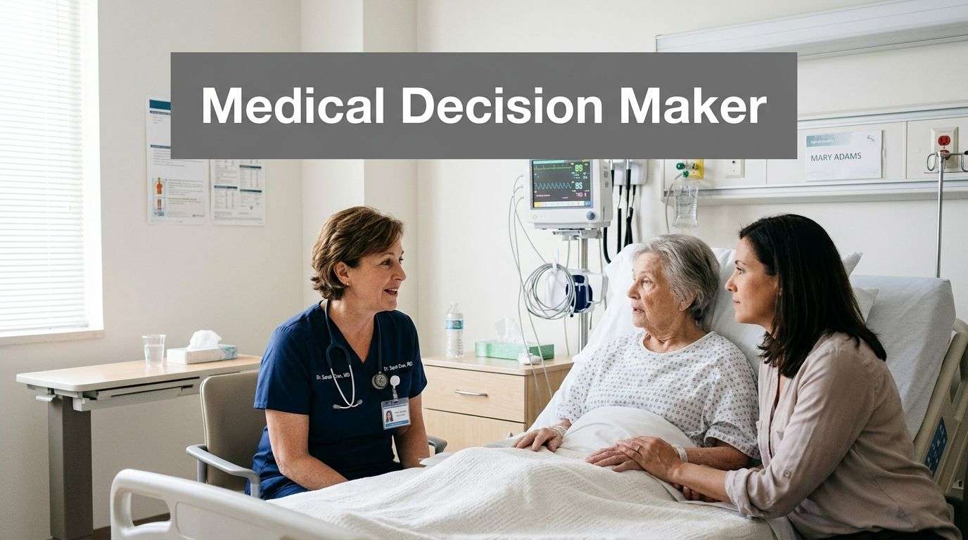 A female doctor talking with an elderly patient and her adult daughter in a hospital room.