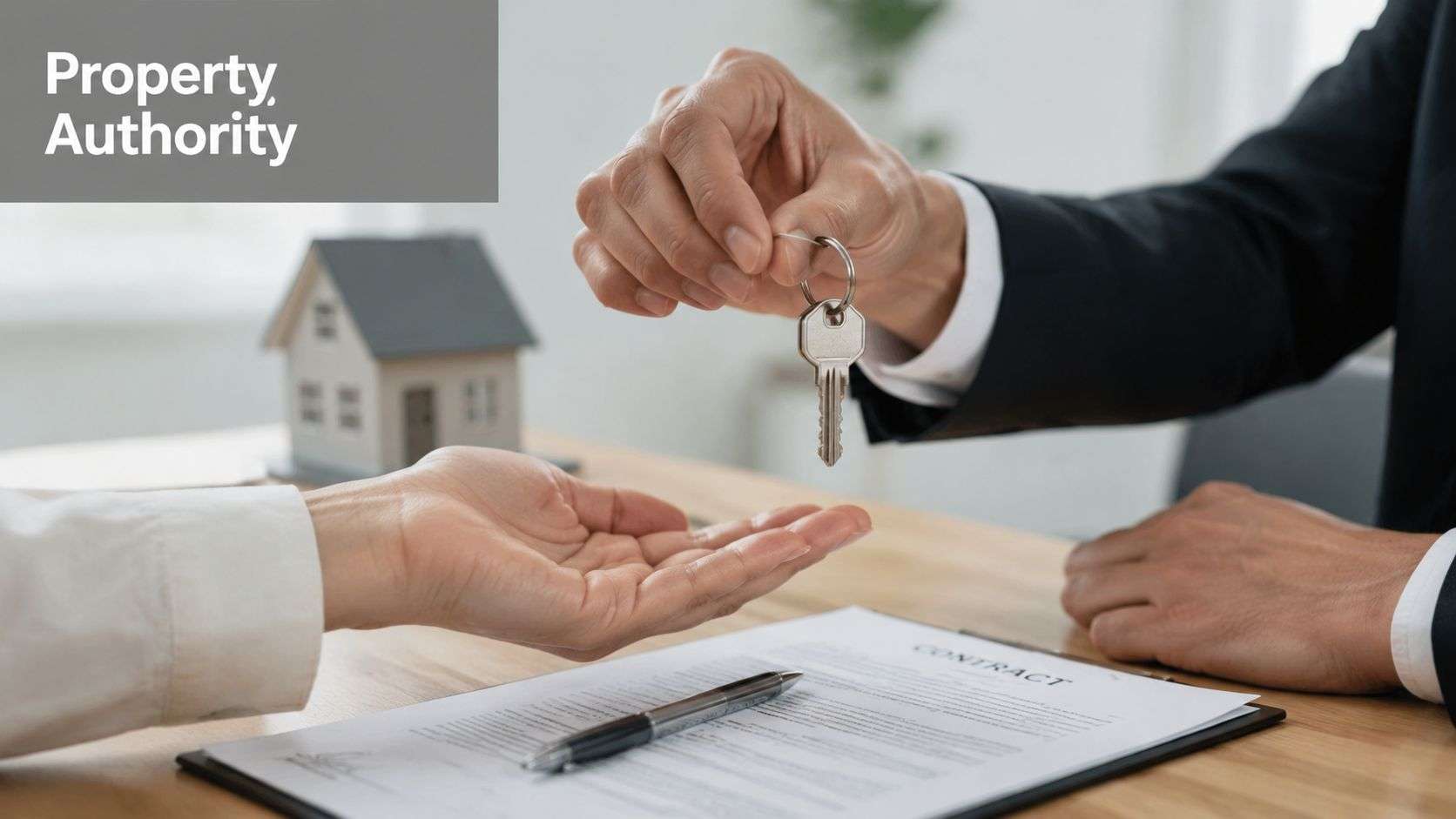 A real estate agent handing house keys to a client over a signed contract at a desk.