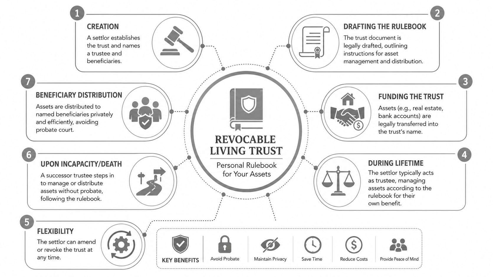 what is a revocable living trust revocable living trust What Is a Revocable Living Trust: 2026 Guide A revocable living trust is a legal tool that holds your assets for your benefit during your lifetime and passes them to your heirs after your death, all while avoiding the public probate process for assets properly titled into the trust. The catch is that the trust only works for the assets you move into it, and 52% of revocable trust failures stem from unfunded assets, with home deeds most commonly missed. A diagram illustrating the seven-step process and key benefits of establishing a revocable living trust.