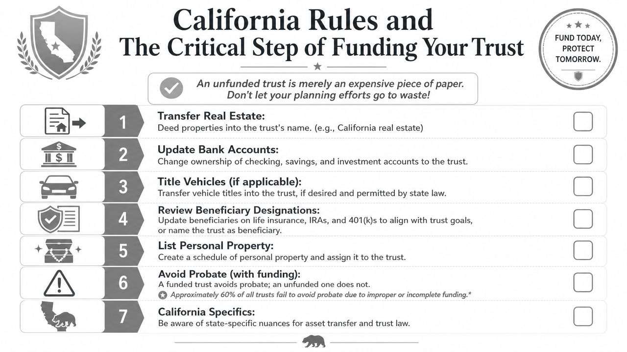 what is a revocable living trust trust funding What Is a Revocable Living Trust: 2026 Guide A revocable living trust is a legal tool that holds your assets for your benefit during your lifetime and passes them to your heirs after your death, all while avoiding the public probate process for assets properly titled into the trust. The catch is that the trust only works for the assets you move into it, and 52% of revocable trust failures stem from unfunded assets, with home deeds most commonly missed. A checklist infographic outlining seven essential steps for properly funding a revocable living trust in California.