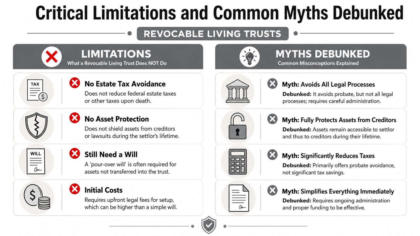 what is a revocable living trust trust limitations What Is a Revocable Living Trust: 2026 Guide A revocable living trust is a legal tool that holds your assets for your benefit during your lifetime and passes them to your heirs after your death, all while avoiding the public probate process for assets properly titled into the trust. The catch is that the trust only works for the assets you move into it, and 52% of revocable trust failures stem from unfunded assets, with home deeds most commonly missed. An infographic detailing the limitations and common misconceptions regarding revocable living trusts for estate planning.