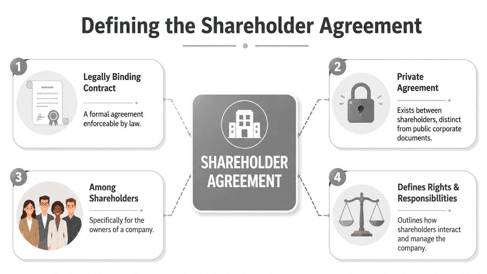 An infographic titled Defining the Shareholder Agreement outlining four key characteristics of a formal business contract.