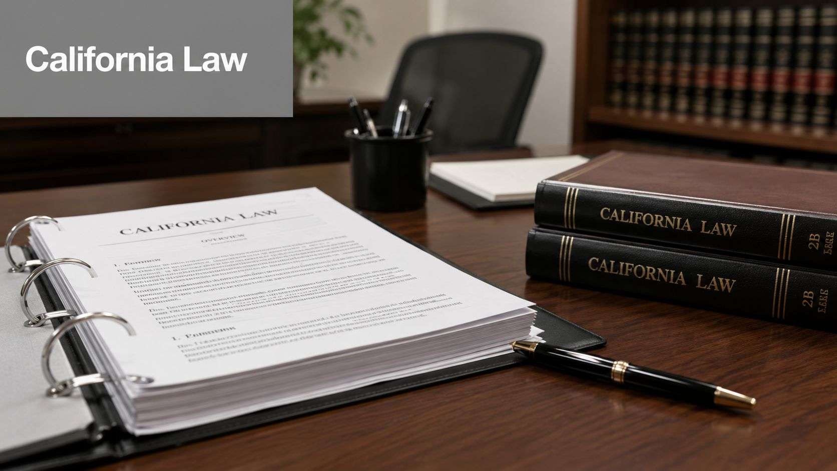 A professional law office desk featuring a binder, legal reference books, and a fountain pen.