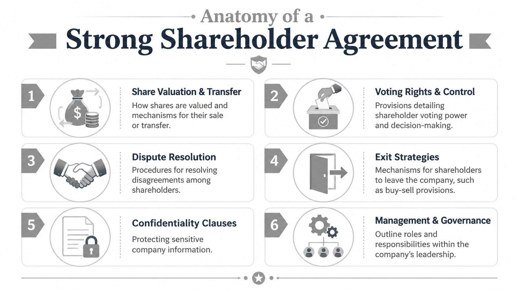 An infographic detailing six essential elements that make up a strong shareholder agreement for a business.