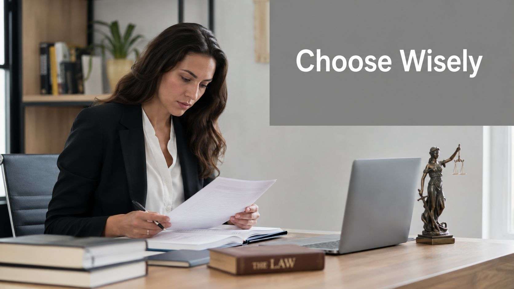 A professional female attorney reviewing legal documents at her desk with a statue of Lady Justice nearby.