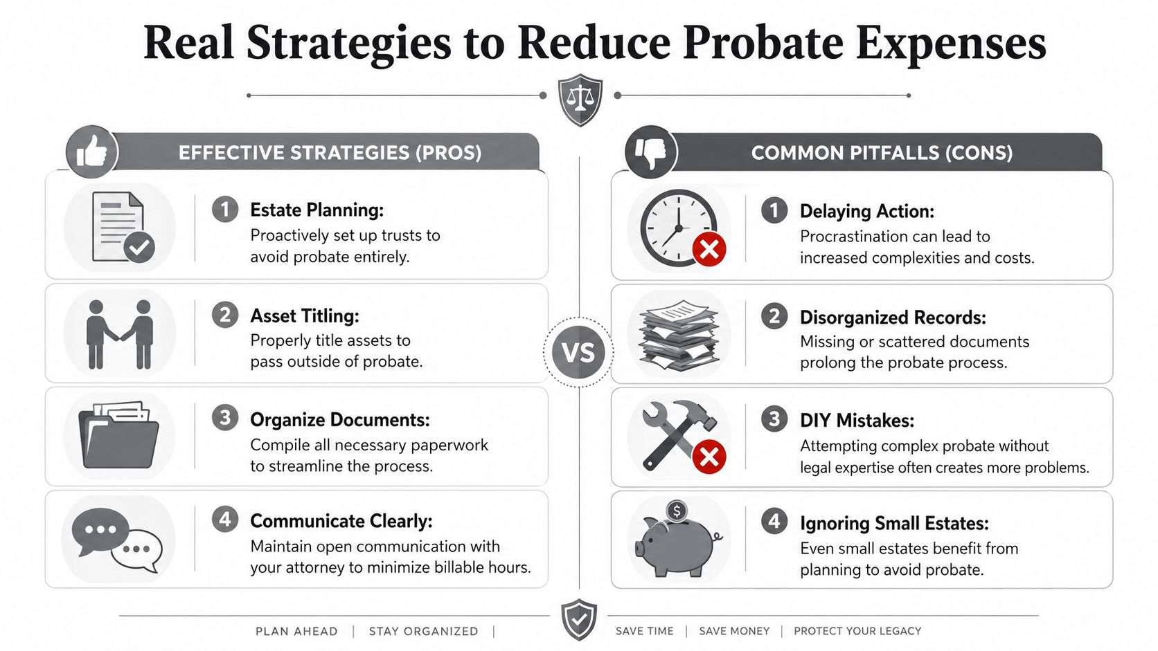 An infographic comparing effective strategies and common pitfalls for reducing probate expenses during estate planning.