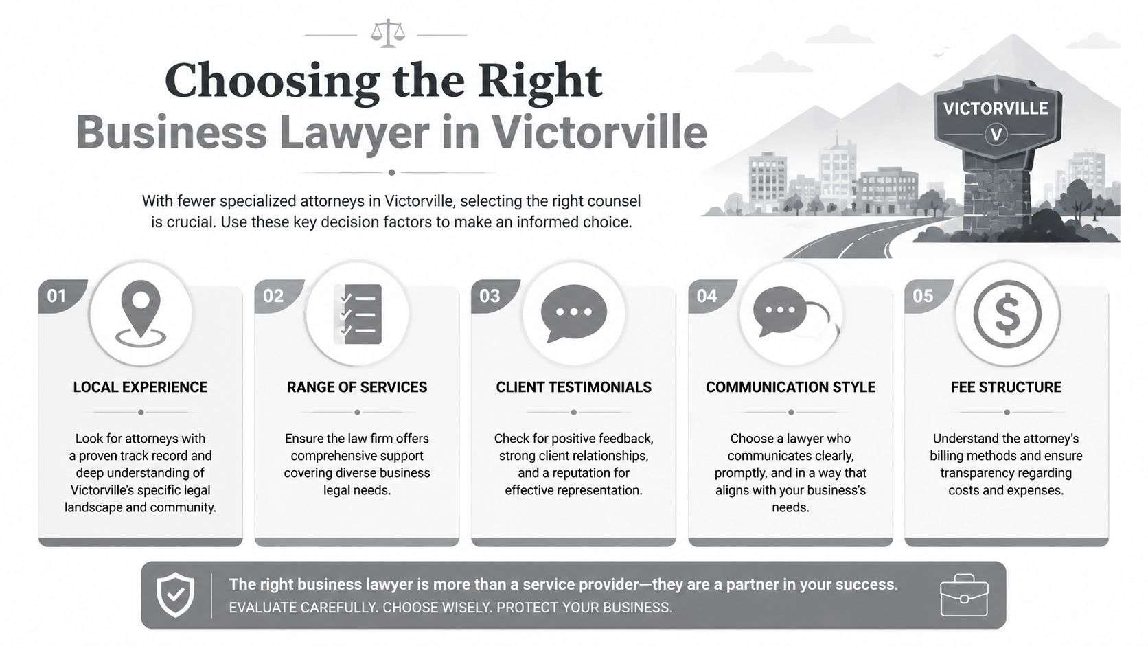 An infographic titled Choosing the Right Business Lawyer in Victorville highlighting five key selection factors.