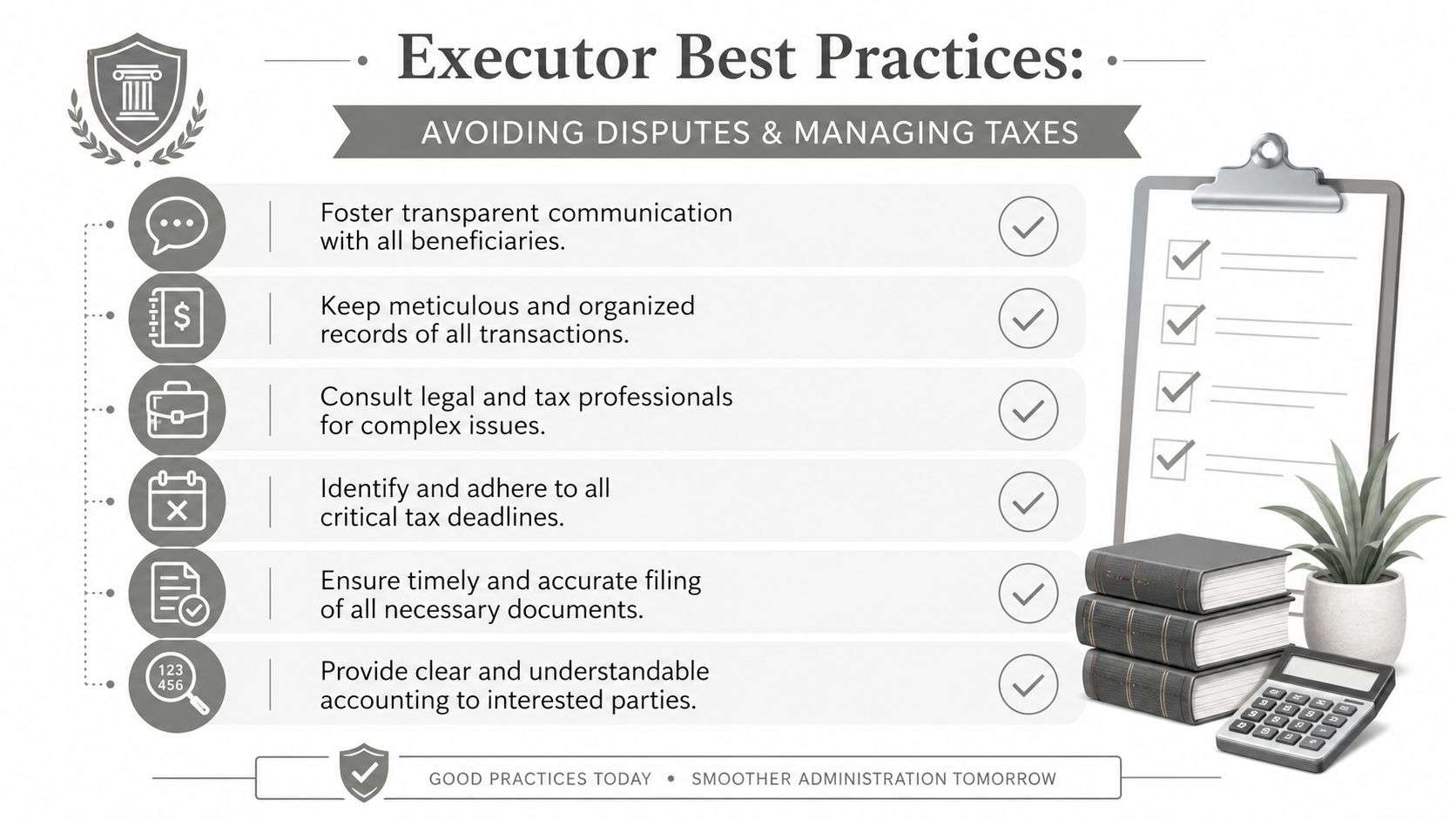 A list of best practices for estate executors to avoid disputes and manage tax responsibilities effectively.