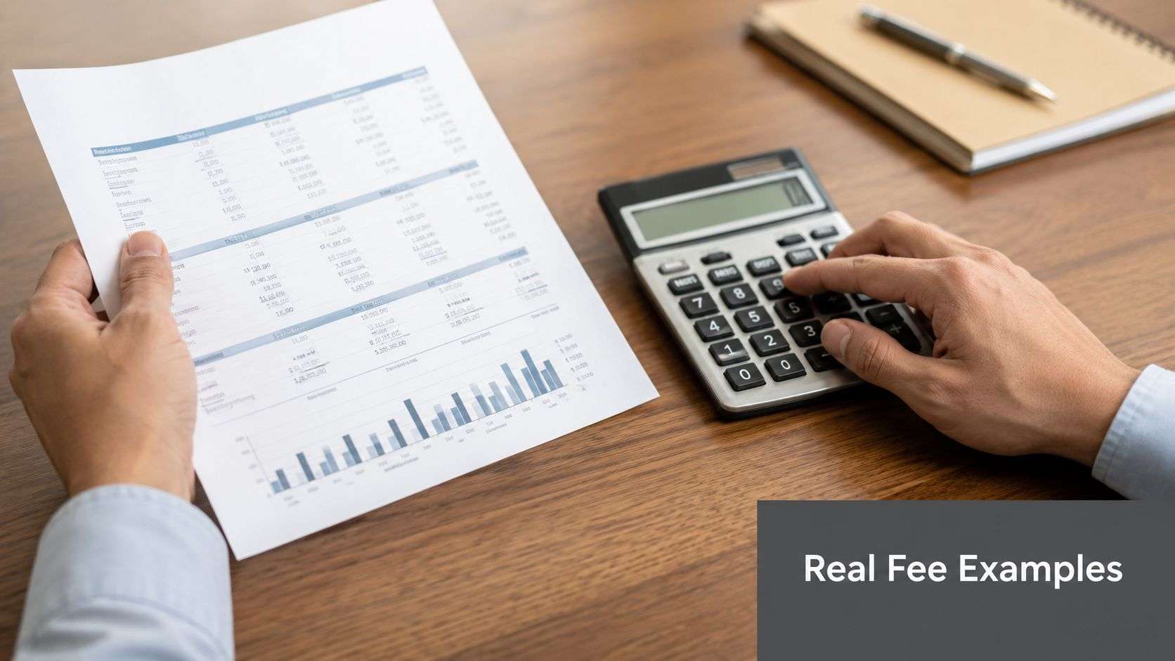 A professional analyzing a financial document and using a calculator to calculate California estate executor fees.