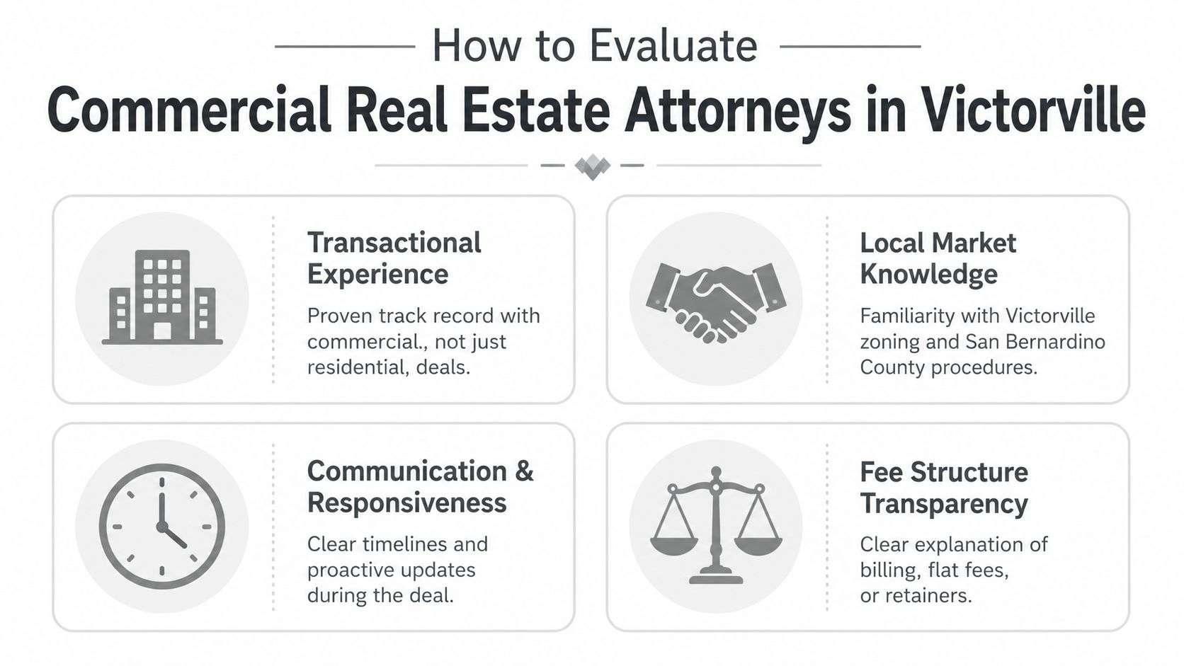 A guide listing four essential criteria for evaluating commercial real estate attorneys in Victorville, California.