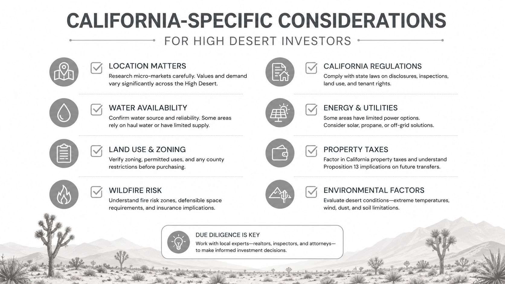 An infographic titled California-Specific Considerations for High Desert Investors listing key real estate investment factors.