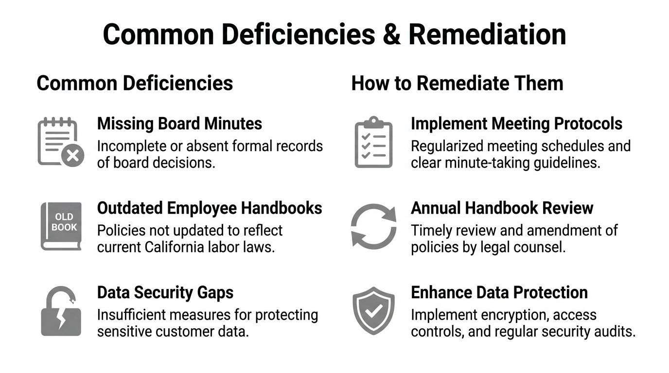 A chart showing common business deficiencies like missing board minutes and how to remediate them with formal protocols.