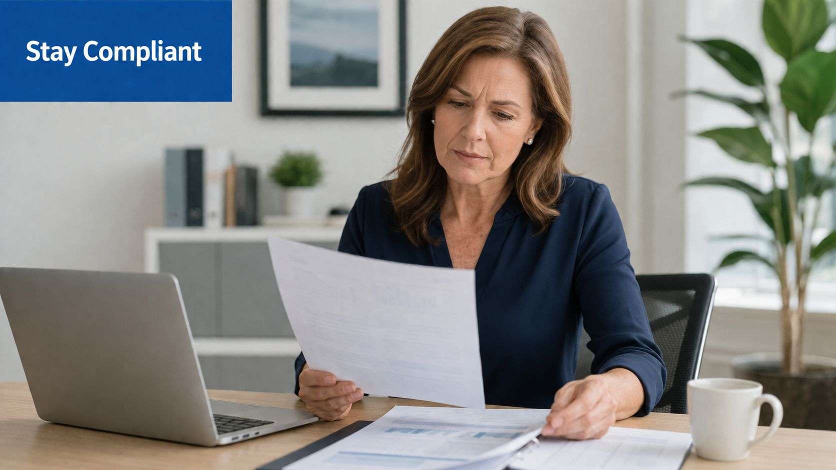 A professional woman in an office setting reviewing business documents to ensure regulatory corporate compliance.