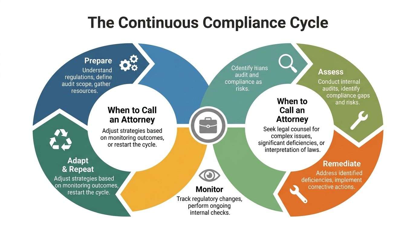A continuous compliance cycle diagram showing steps like prepare, assess, remediate, monitor, and adapt.