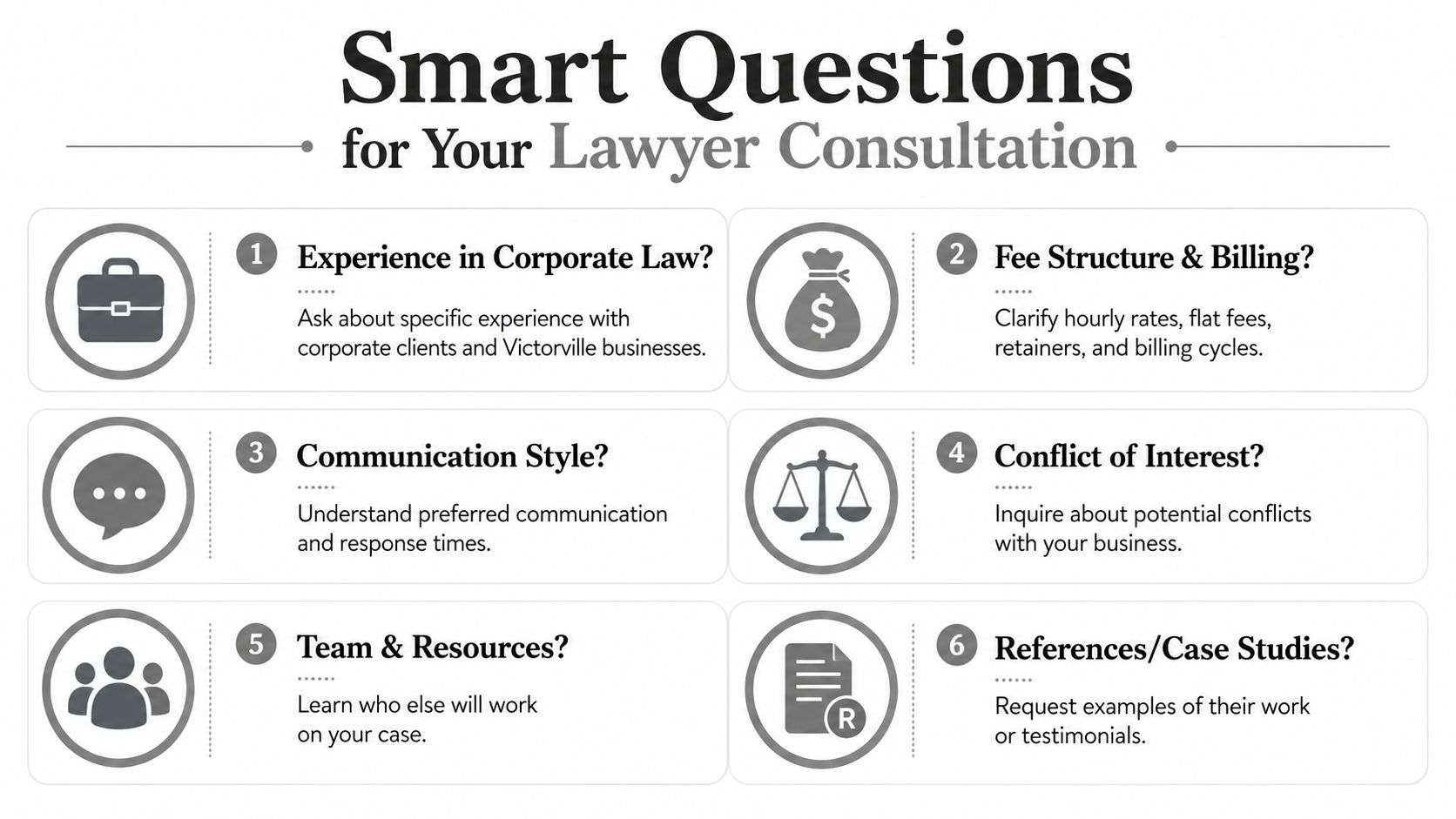 An infographic titled Smart Questions for Your Lawyer Consultation outlining six key questions to ask legal professionals.